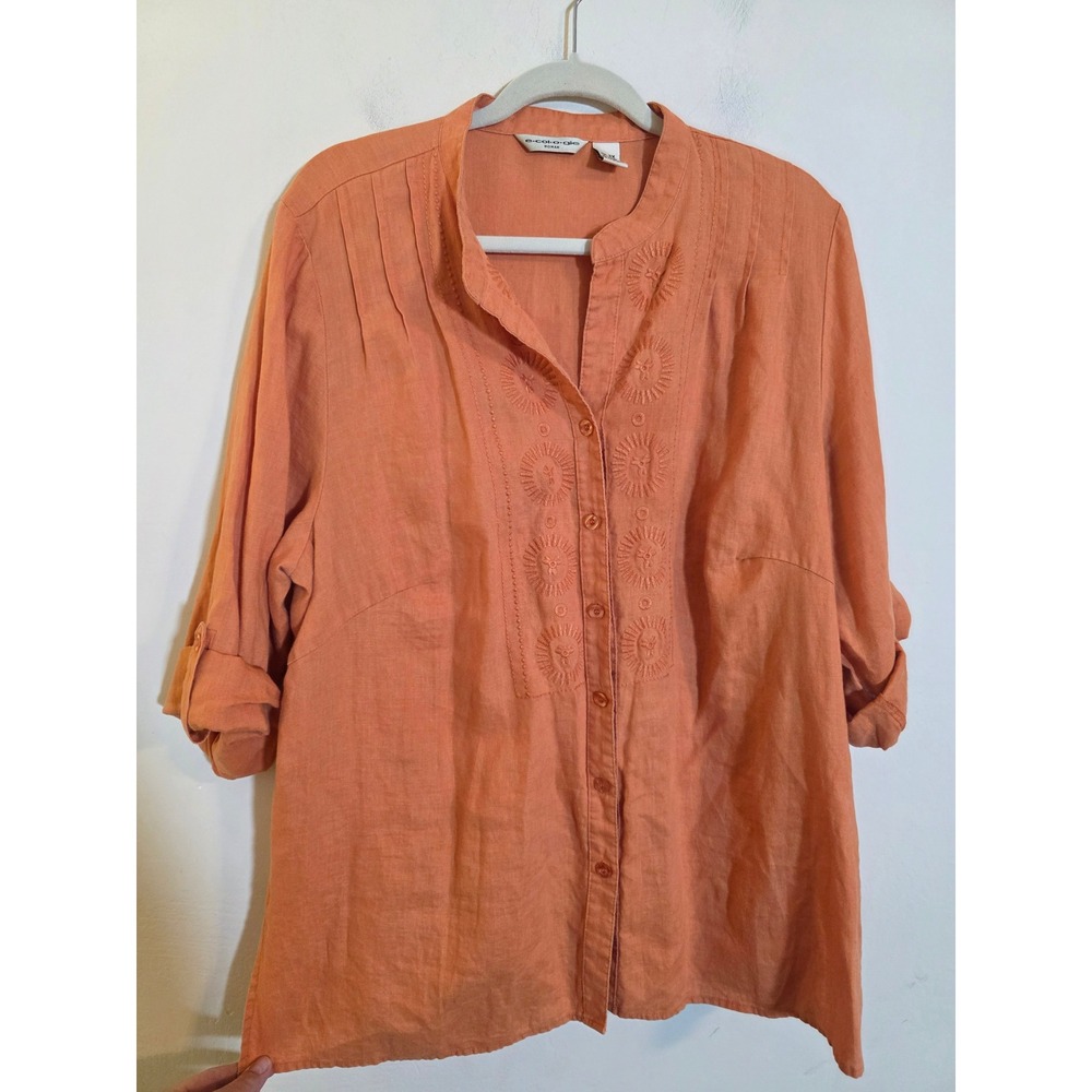 Ecologie Woman Orange 100% Linen Embroidered Button Down Shirt Plus Size 2X